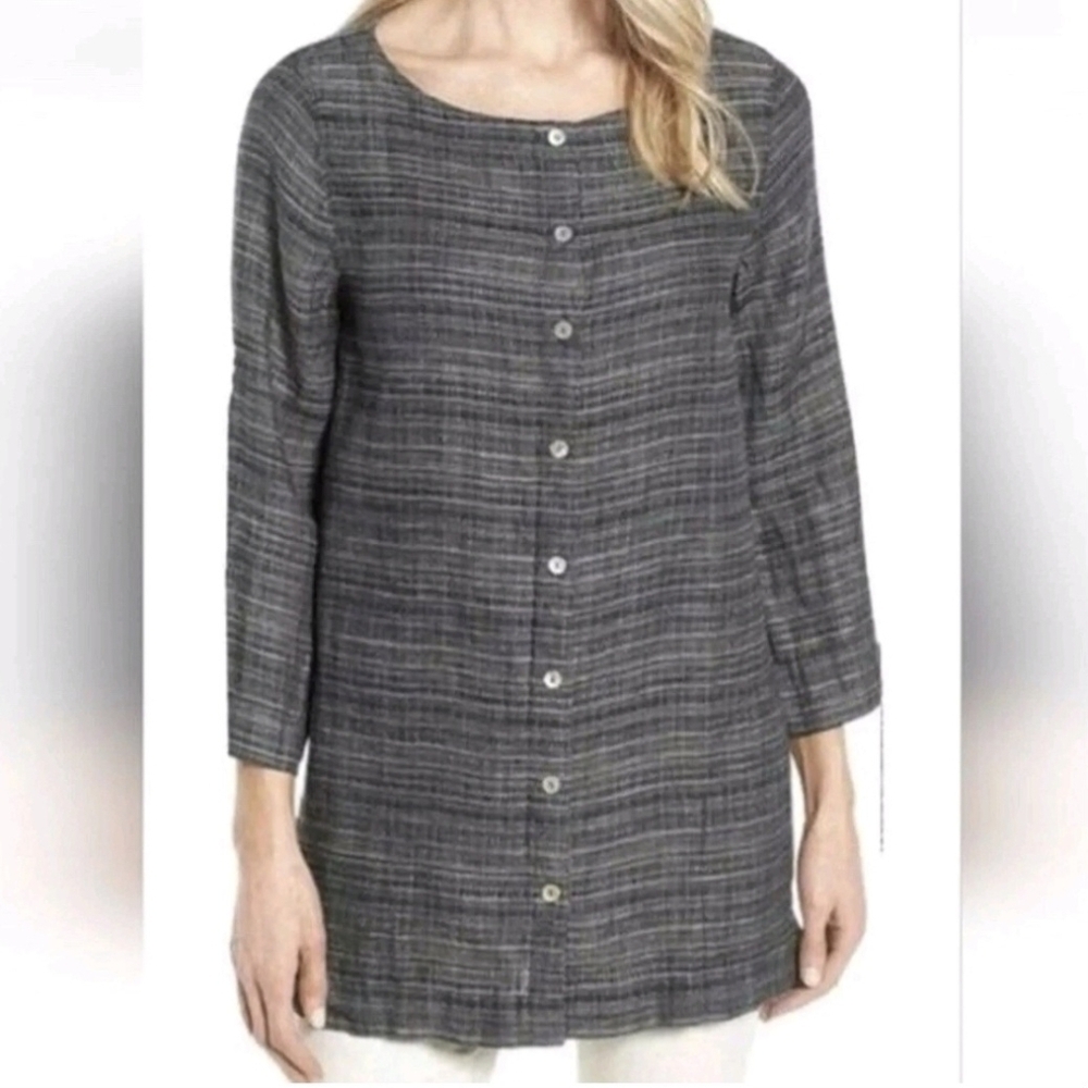 Eileen Fisher Coastline Organic Linen Button-Up Grey Tunic Top Women Size Medium